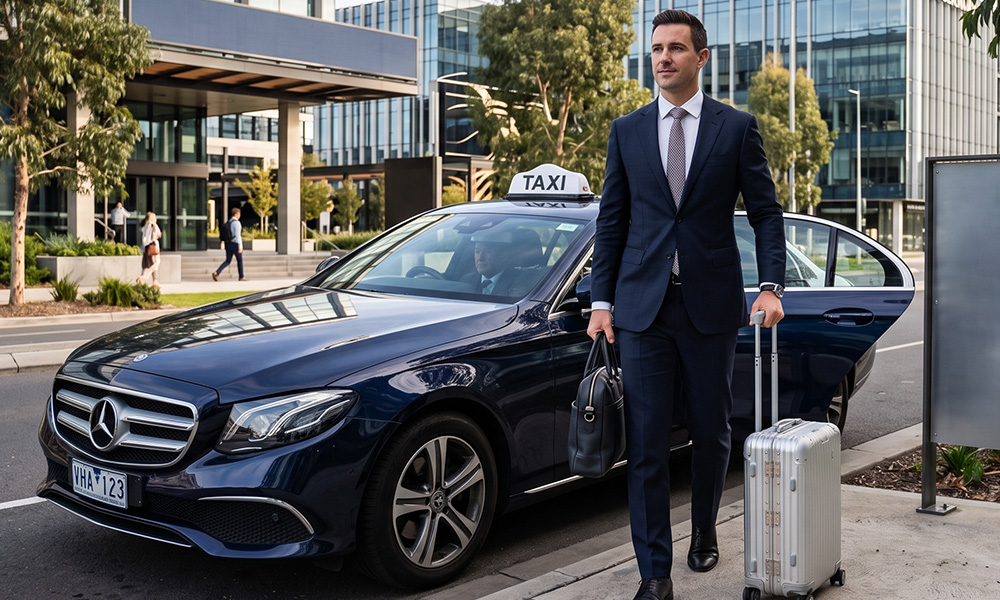 Business traveller using an airport taxi in Port Melbourne