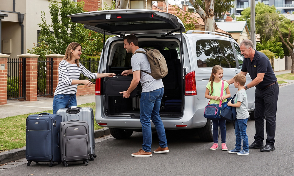 Family loading luggage into a spacious Port Melbourne airport taxi