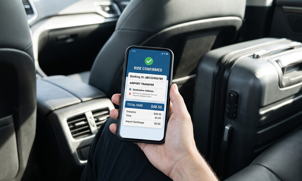 Passenger checking an airport taxi booking and fare on a smartphone